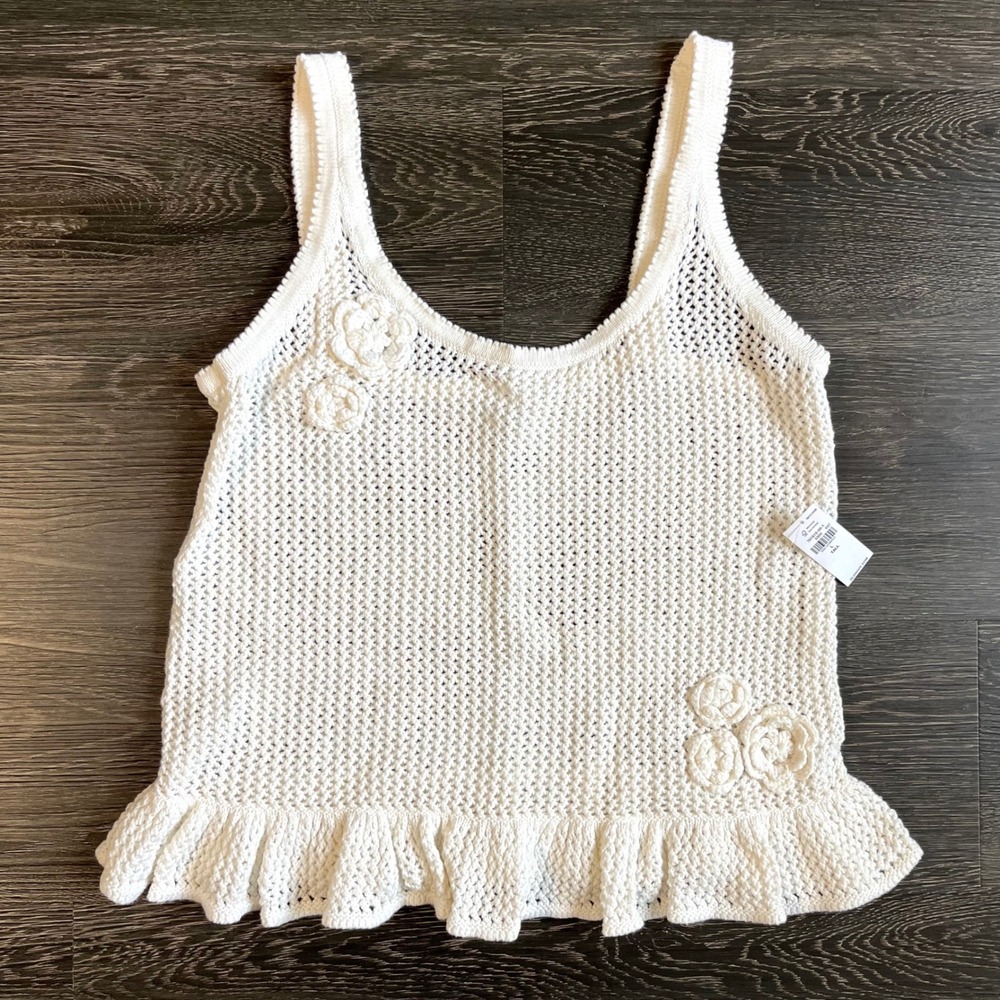 Old Navy White Crochet Tank Top Flower Ruffle‎ Hem Tall Large NWT Coquette Fairy
